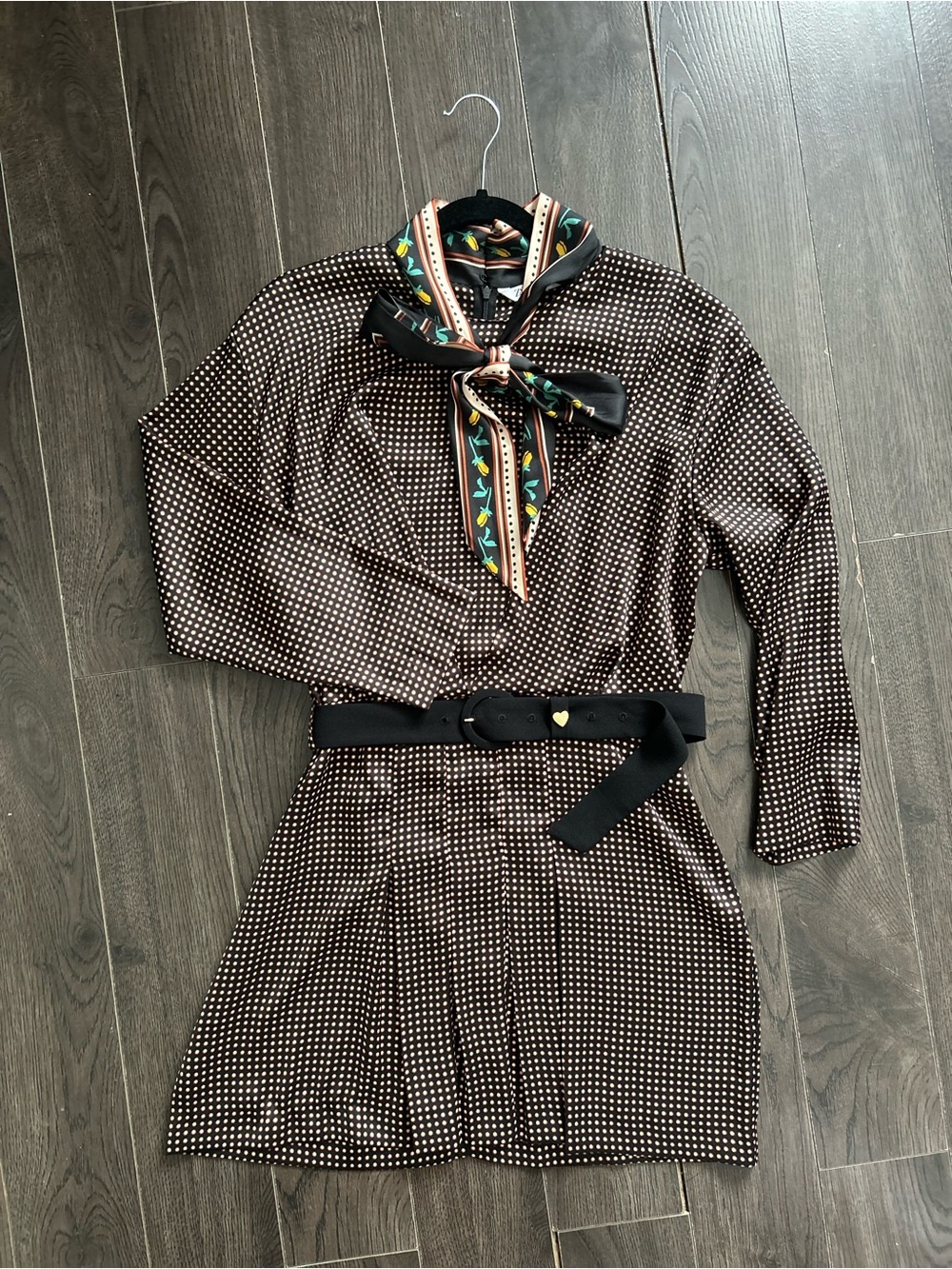 Zara Brown and White Polka Dot dresswith Black Belt L